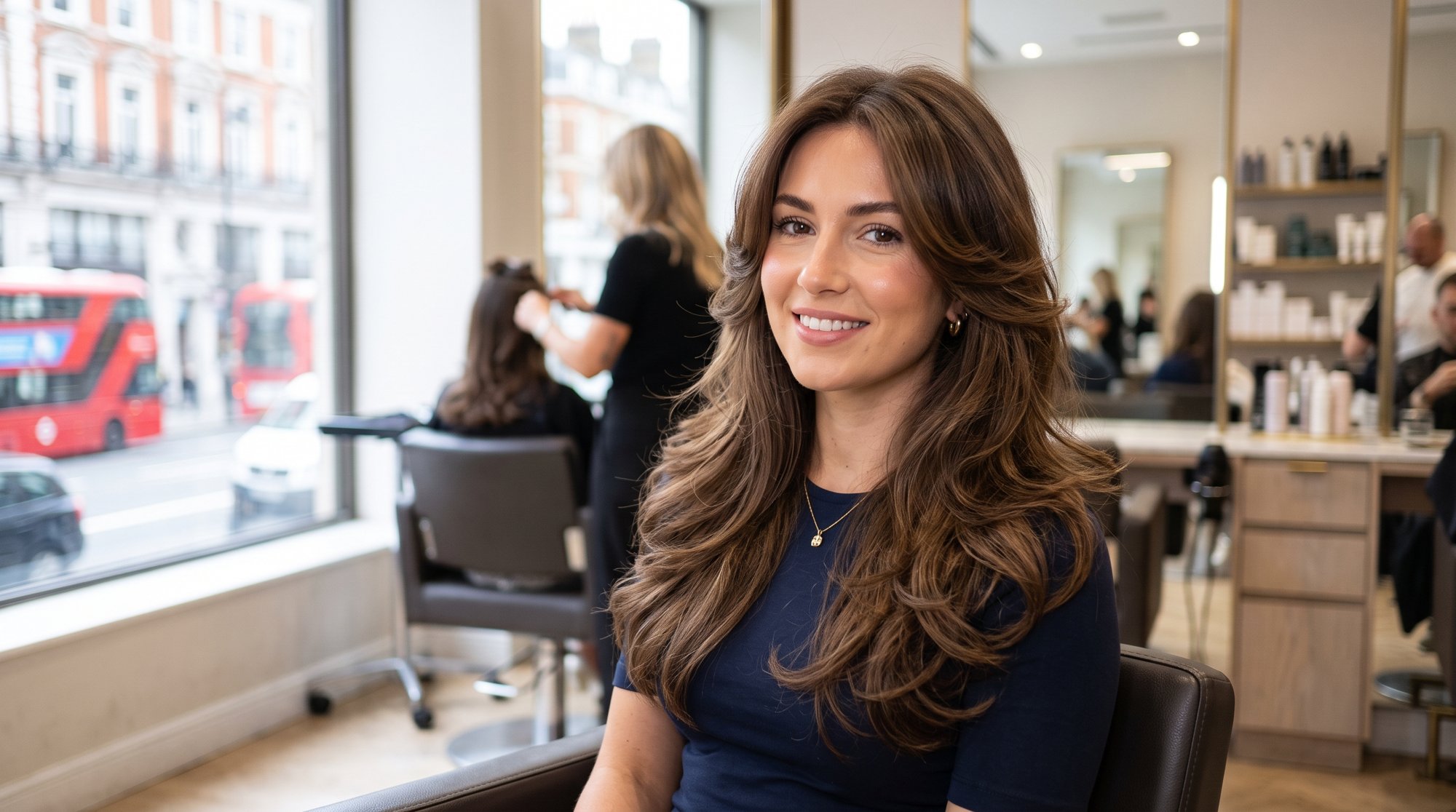 Woman with long brown hair and a bouncy butterfly haircut in a London salon