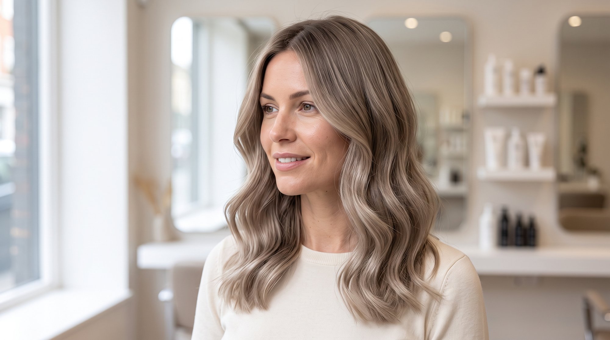 Woman with soft wavy mushroom blonde hair in a bright London salon
