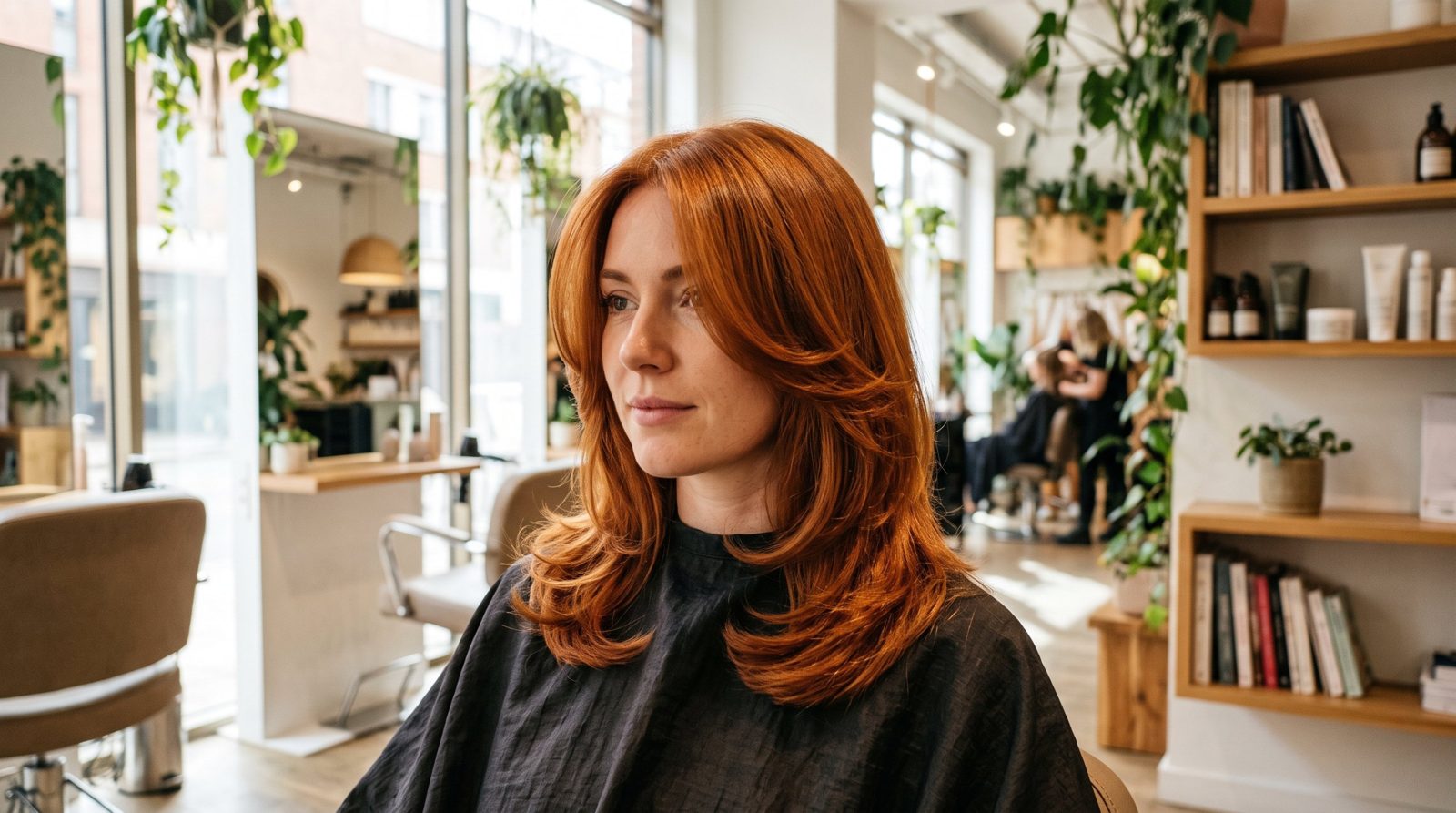 Woman with copper-red hair cut in a C-cut with soft curved face-framing layers in a London salon